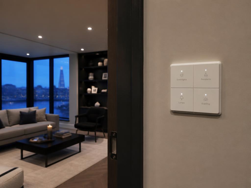 Smart lighting scene with dimmed downlights and a wall keypad